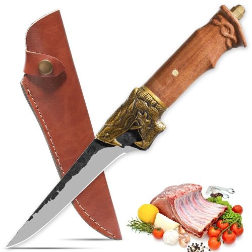 Qulajoy Boning Knife - Hand Forged Camping Knife 7Cr17MOV Blade - Dragon Head Handle And Leather Sheath - Unique Dragon Style - Viking Knife For